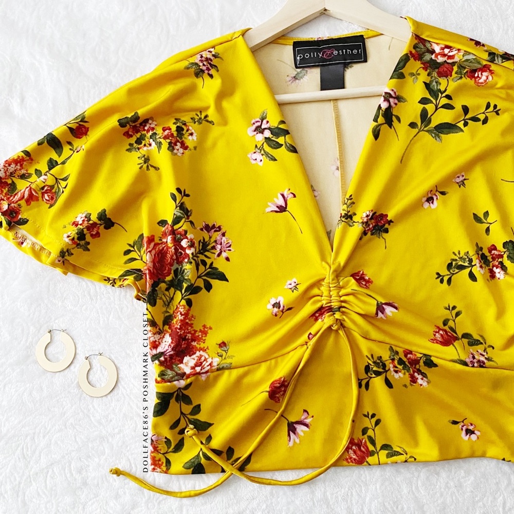 Gold Yellow Floral Drawstring Neckline Crop Top